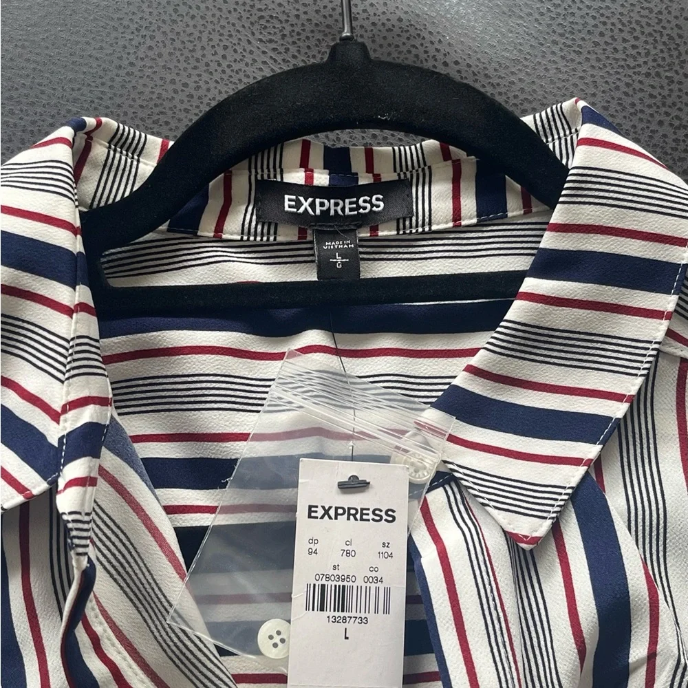Express Women’s Portofino Shirt Dress, Size L, Blue & Burgundy Stripe. - Picture 4 of 6